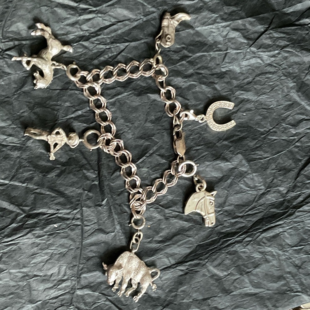 925 S.SILVER BRACELET WITH DEFERENT WESTERN CHARMS SOME ARE SILVER TONE.